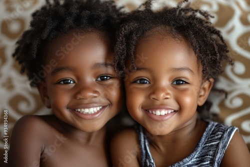 Portrait of smiling little black siblings at home, Generative AI