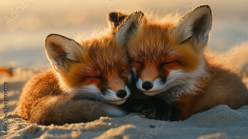 Two Red Foxes Napping Together in the Sand