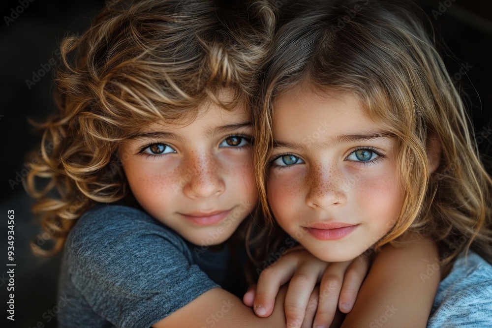 Portrait of young siblings hugging each other, Generative AI Portrait of young siblings hugging each other, Generative AI