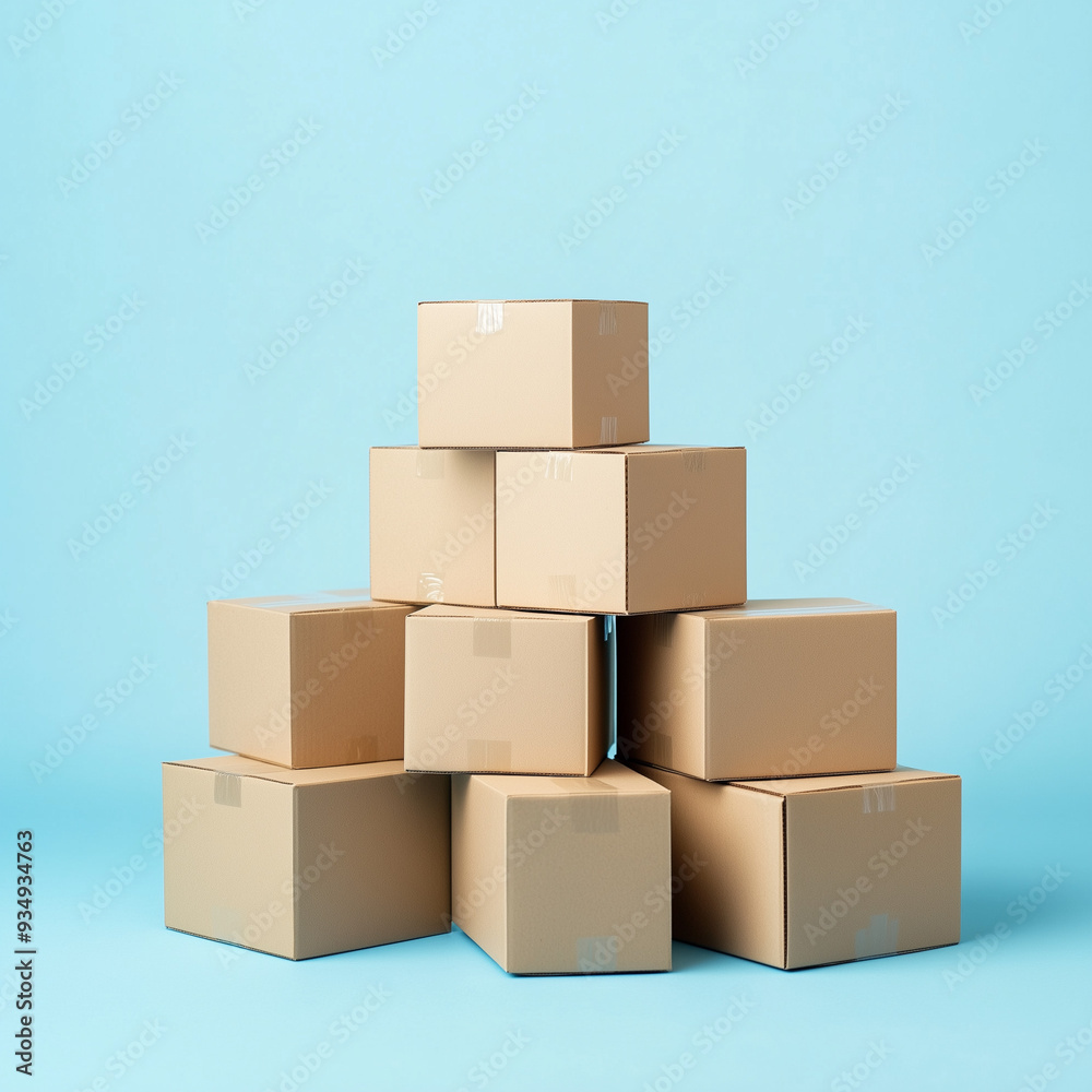 Cardboard boxes are stacked into a pyramid shape against a light blue backdrop, illustrating ideas of organization, storage solutions, and packaging Cardboard boxes are stacked into a pyramid shape against a light blue backdrop, illustrating ideas of organization, storage solutions, and packaging