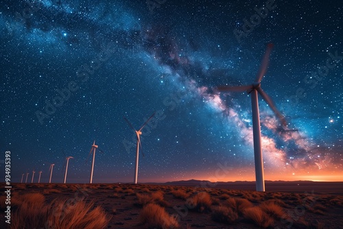 Captivating Night Sky Overwind Turbines in Desert Landscape During Astronomical Event photo