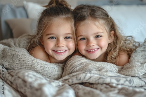 Smiling loving siblings hugging in bedroom happy little girls playing on bed smiling happily having fun in the morning looking at camera positive, Generative AI