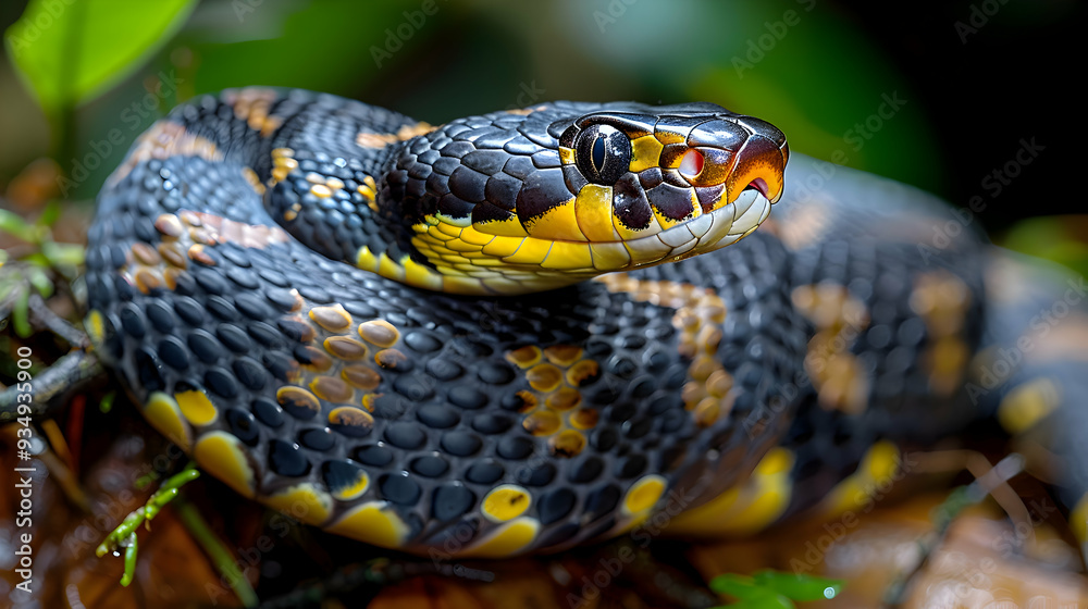 Amazon Whipsnake slithering through the underbrush, its slender body and scales Amazon Whipsnake slithering through the underbrush, its slender body and scales
