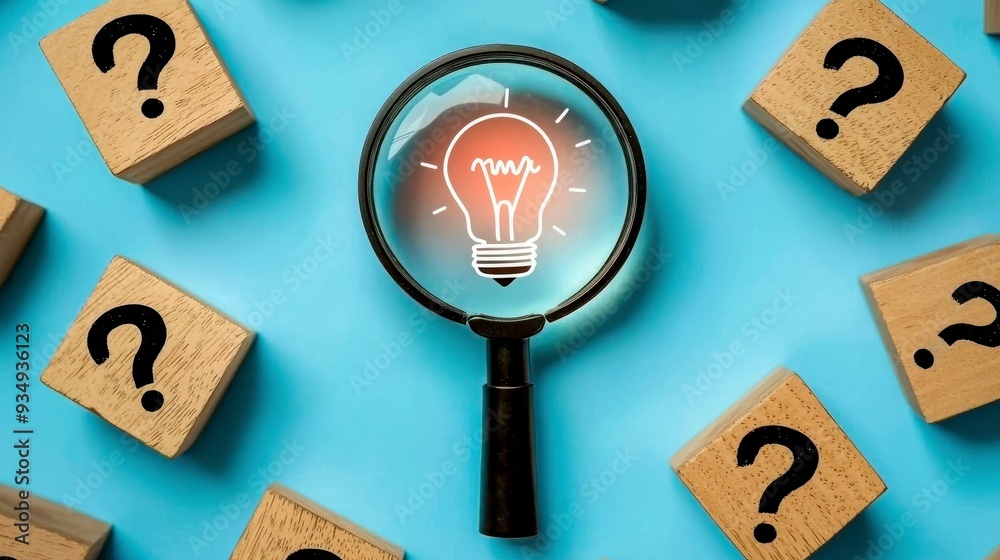 custom made wallpaper toronto digitalA glowing light bulb under a magnifying glass among cubes with question marks symbolizes thinking and ideas