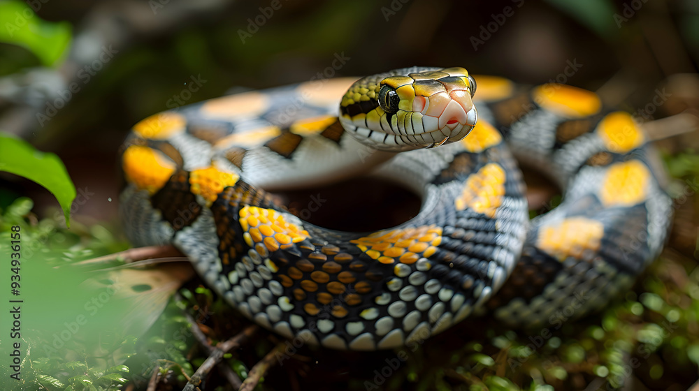 Amazon Whipsnake slithering through the underbrush, its slender body and scales Amazon Whipsnake slithering through the underbrush, its slender body and scales