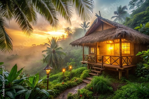 Secluded tropic nipa hut mix with twisted vines, lantern-lit windows, soft misty morning, warm golden light, earthy tones, serene atmosphere, evoking sense of tranquility and escapism. photo