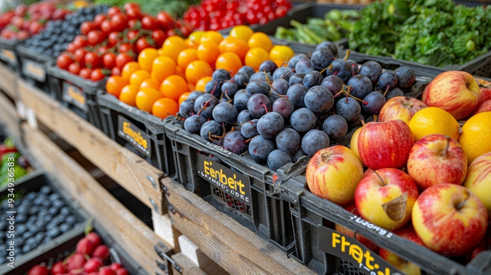 Fresh produce displayed at a local market in the afternoon with a colorful assortment of fruits Fresh produce displayed at a local market in the afternoon with a colorful assortment of fruits