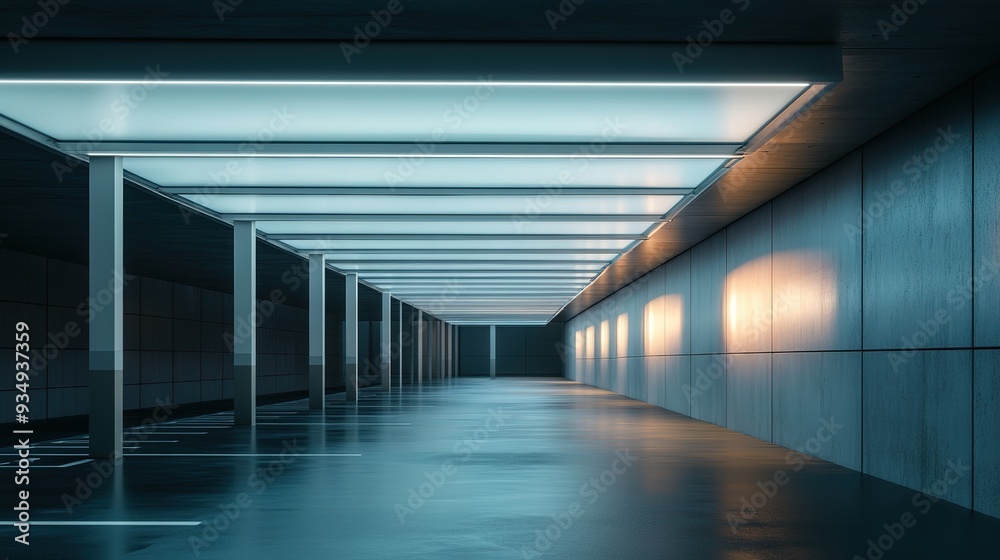 Fototapeta premium Concrete Corridor: A minimalist architectural masterpiece with a futuristic edge. A sleek, concrete corridor bathed in the soft glow of artificial light. 