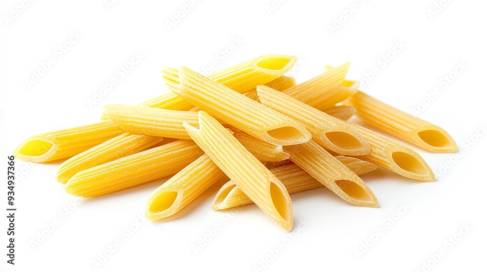 A small pile of uncooked penne pasta on a white background. A small pile of uncooked penne pasta on a white background.