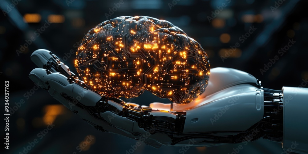 Robotic Hand Holding Glowing Brain Robotic Hand Holding Glowing Brain