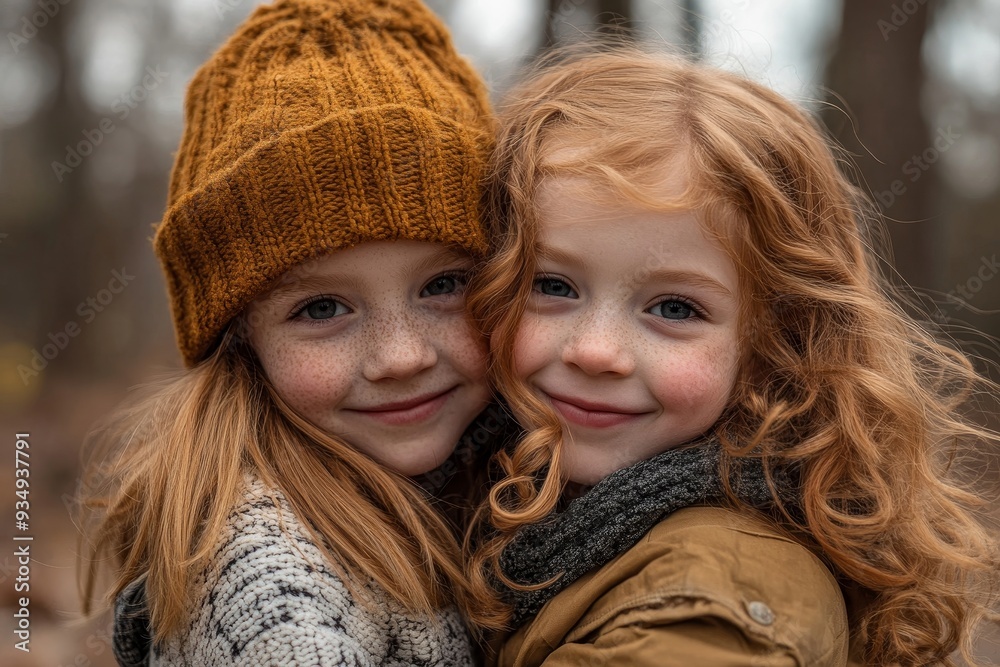 Happy redhead siblings hugging in nature, Generative AI Happy redhead siblings hugging in nature, Generative AI