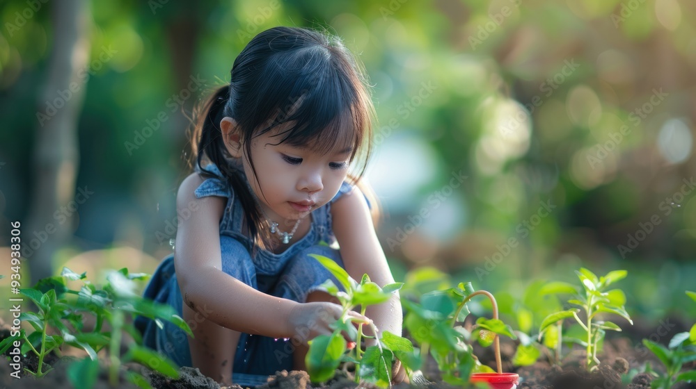A cute little girl is happily planting a small tree in a park under the gentle morning sunlight. A cute little girl is happily planting a small tree in a park under the gentle morning sunlight.