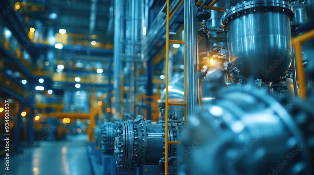 A detailed view of an industrial process at work, with chemical reactors and machinery operating in a high-tech plant. A detailed view of an industrial process at work, with chemical reactors and machinery operating in a high-tech plant.