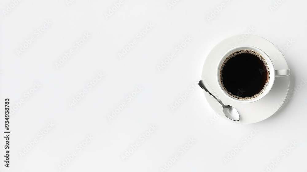 Minimalist Coffee Cup on White Background: A single cup of black coffee rests on a white saucer, accompanied by a silver spoon, against a pristine white backdrop. Minimalist Coffee Cup on White Background: A single cup of black coffee rests on a white saucer, accompanied by a silver spoon, against a pristine white backdrop.