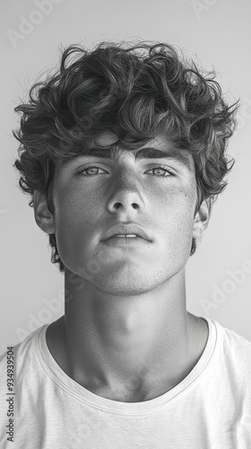 Black and White Portrait of Thoughtful Young Man with Curly Hair in White T-Shirt, Studio Shot, Expressive Eyes, Serious Gaze, Minimalistic Background photo