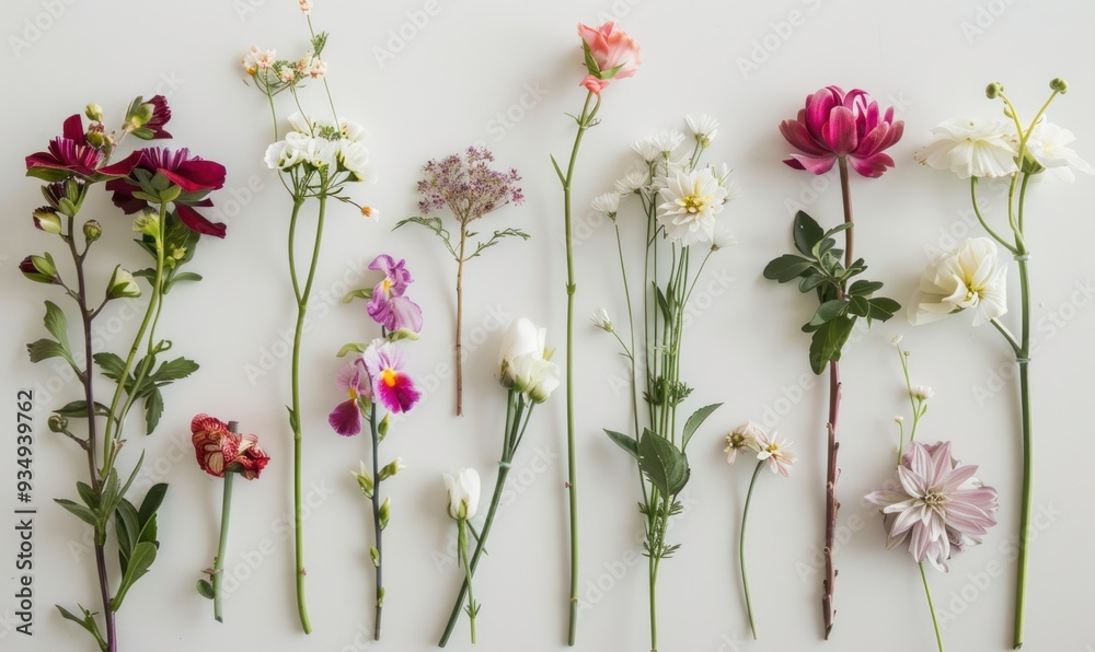 Assorted wildflowers arranged in a row on white background. Assorted wildflowers arranged in a row on white background.