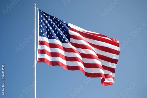 American flag waving against clear blue sky.