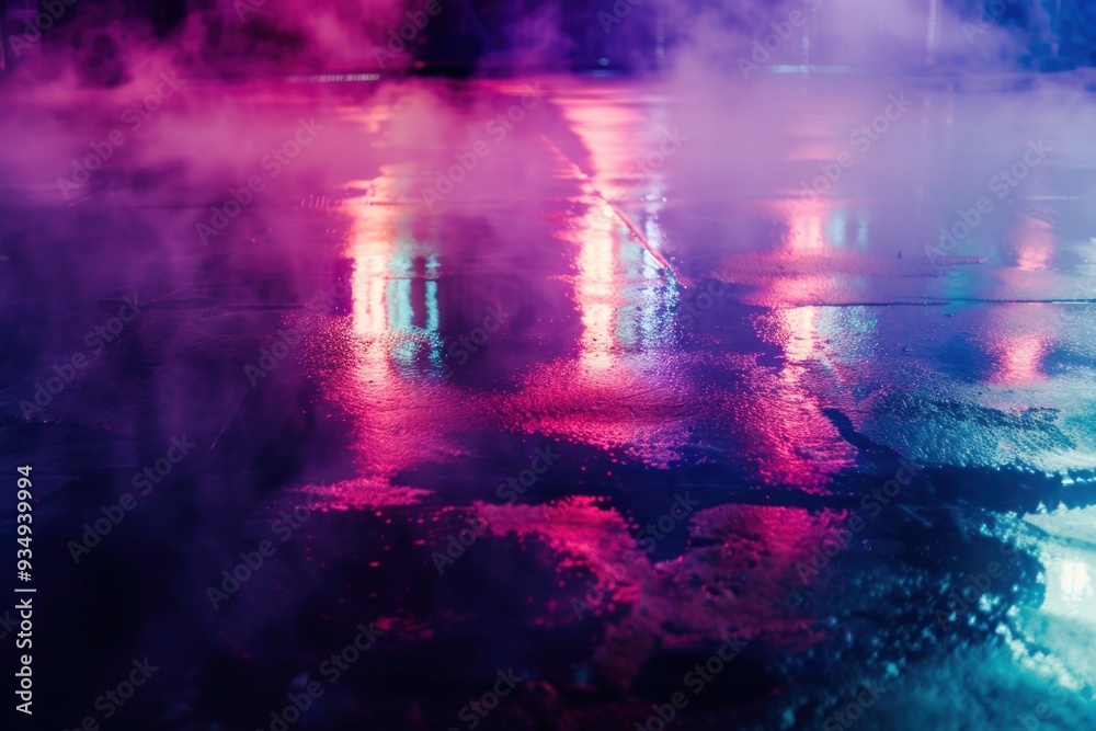 Obraz premium Wet pavement with colorful neon lights reflection and mist in the air.