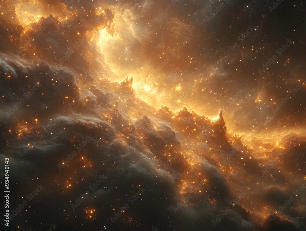 Naklejka premium Vast,mysterious universe filled with a mesmerizing cosmic vortex of shimmering stardust and colossal interstellar structures.