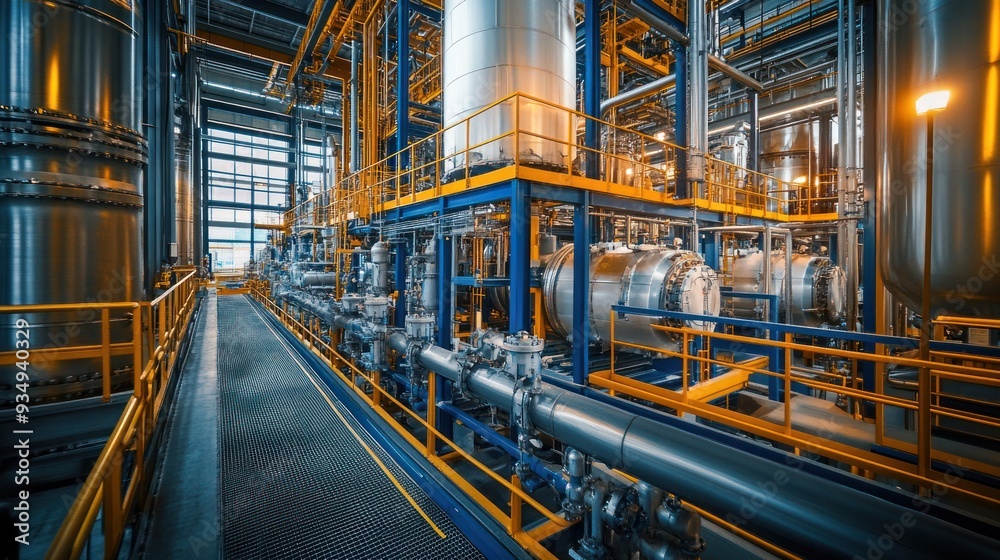 A large-scale chemical production facility in progress, with reactors, pipes and heavy machinery driving the process A large-scale chemical production facility in progress, with reactors, pipes and heavy machinery driving the process