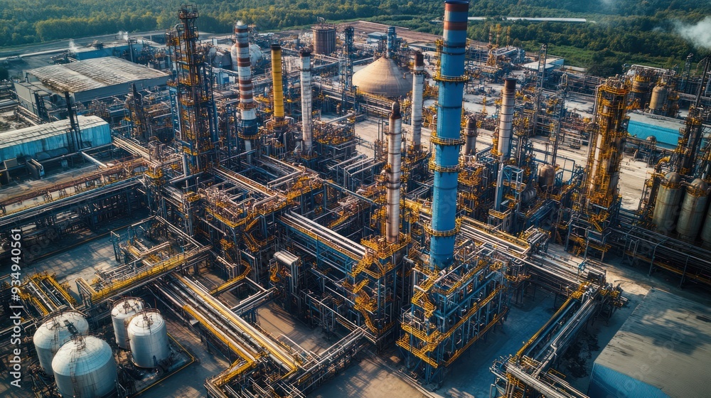 Obraz premium A large chemical manufacturing plant with a complex system of machinery, reactors and industrial equipment