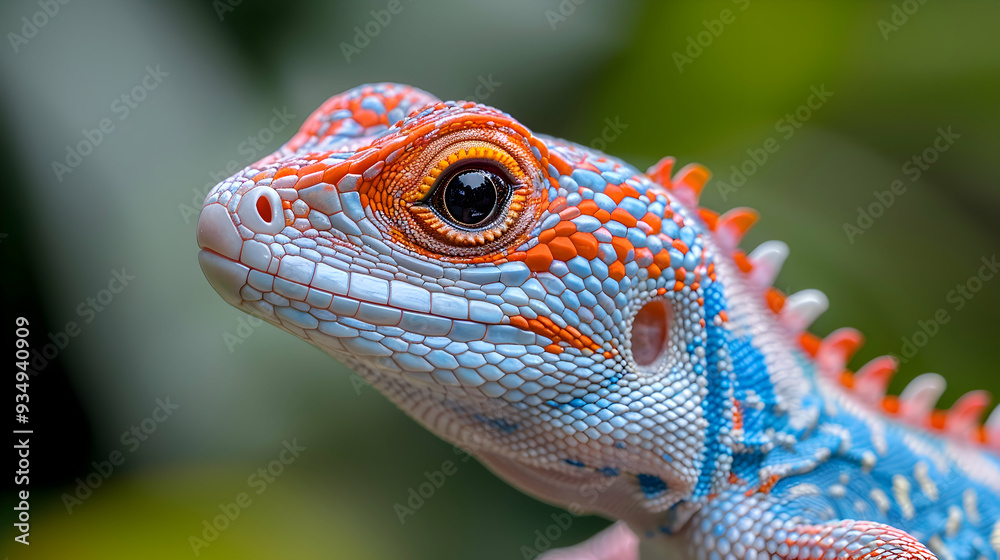 Obraz premium Amazon Whiptail Lizard head, its eyes and scales detailed with a soft focus background