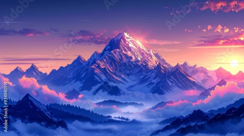 A majestic snow-capped mountain peak emerging from a sea of clouds during a vibrant sunset.