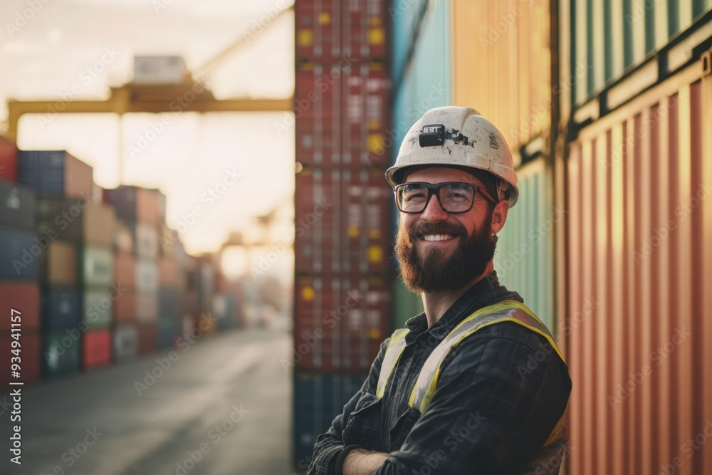 Smiling Dock Worker at Shipping Container Yard Smiling Dock Worker at Shipping Container Yard