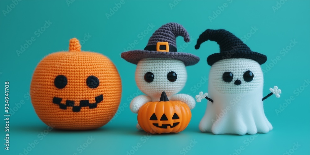 Cute Crochet Amigurumi Halloween Characters: a pumpkin, a ghost, and a skeleton