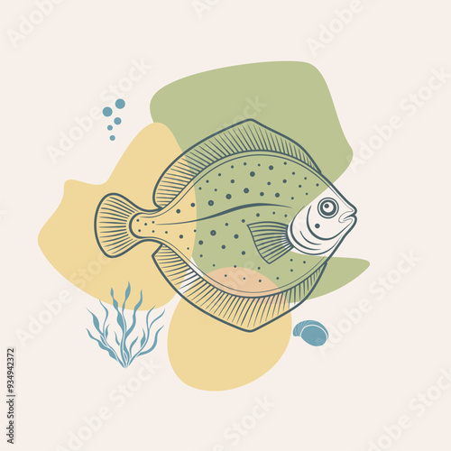 Turbot or flatfish on blobs background. Seafood shop logo, signboard. Restaurant menu, fish market, banner, poster design template. Fresh seafood. Fishing trophy