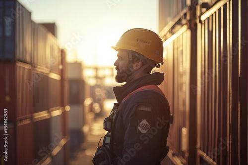 Dock Worker in Hard Hat at Shipping Yard Sunset