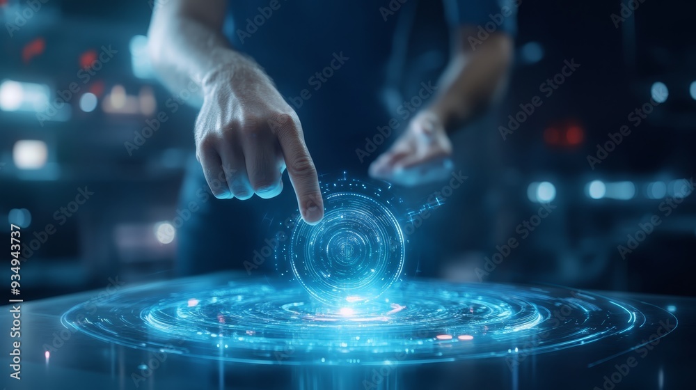 Man Interacting with Holographic Interface Man Interacting with Holographic Interface