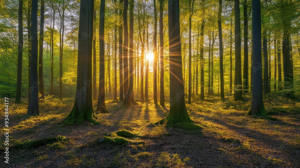 Obraz premium Sunbeams Illuminating a Dense Forest Floor