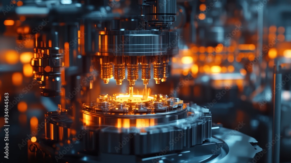 Fototapeta premium An assembly line in motion, capturing the intricate steps of a manufacturing process in a high-tech environment.