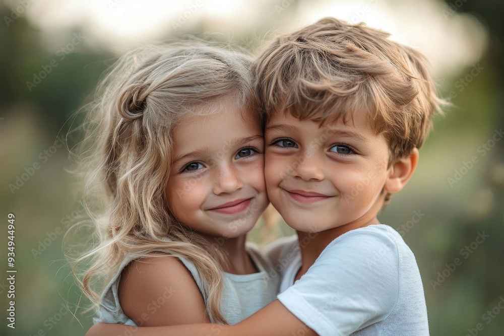 Happy siblings hugging lovingly in summer park. Young children brother and sister embracing each other outdoors. Family love and relationship concept, Generative AI Happy siblings hugging lovingly in summer park. Young children brother and sister embracing each other outdoors. Family love and relationship concept, Generative AI