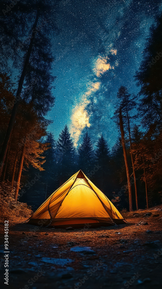 Starlit Forest Camping with Illuminated Tent Under a Vibrant Night Sky in a Serene Woodland Setting Starlit Forest Camping with Illuminated Tent Under a Vibrant Night Sky in a Serene Woodland Setting