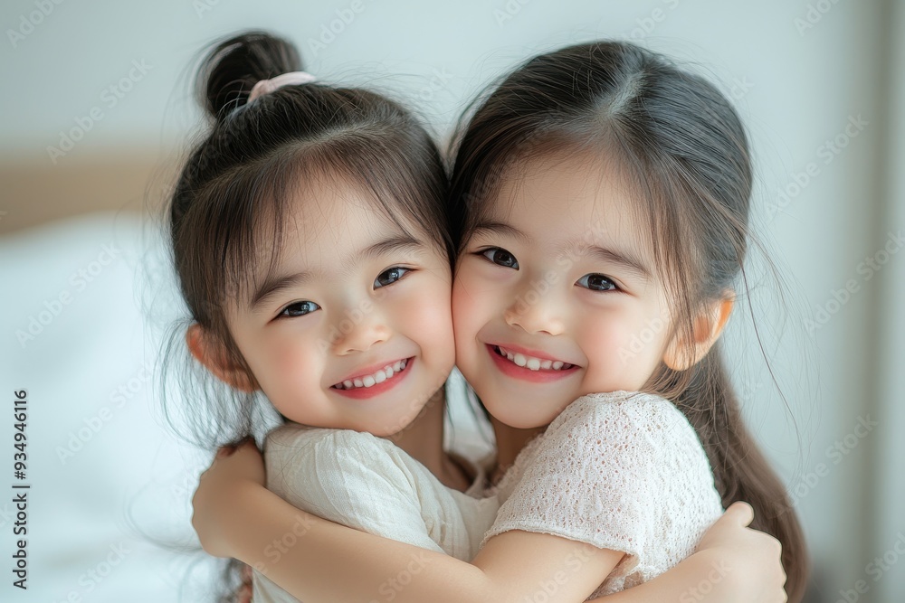 Cute happy Asian siblings hugging cuddling feeling love and connection, smiling kid girl sister embracing little girl sister on white background, 2 children good, Generative AI Cute happy Asian siblings hugging cuddling feeling love and connection, smiling kid girl sister embracing little girl sister on white background, 2 children good, Generative AI