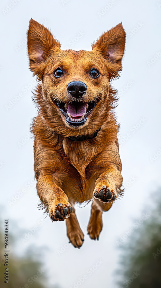 Joyful Dog Leaping in Air with Bright Expression, Isolated Happy Canine Running and Jumping Outdoors, Capturing Dog's Playful Energy and Freedom