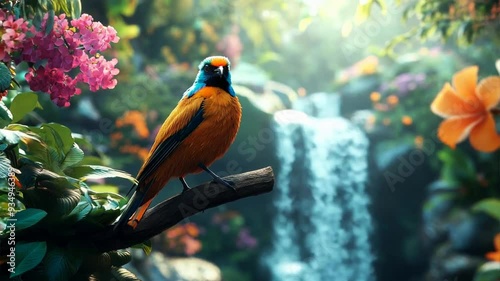 A vibrant bird perched on a branch amidst lush tropical foliage, with a waterfall cascading in the background. Ai Footage.