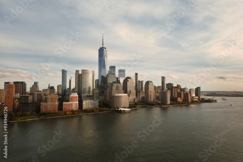 New York city Manhattan skyline from New Jersey. Manhattan over the Hudson river. NYC cityscape, aerial view. Manhattan downtown skyline with urban skyscrapers. New York Manhattan from above.