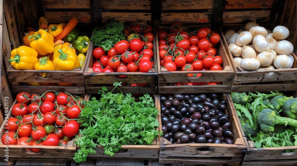 Fresh vegetables and herbs displayed in wooden crates at a farmers market Fresh vegetables and herbs displayed in wooden crates at a farmers market
