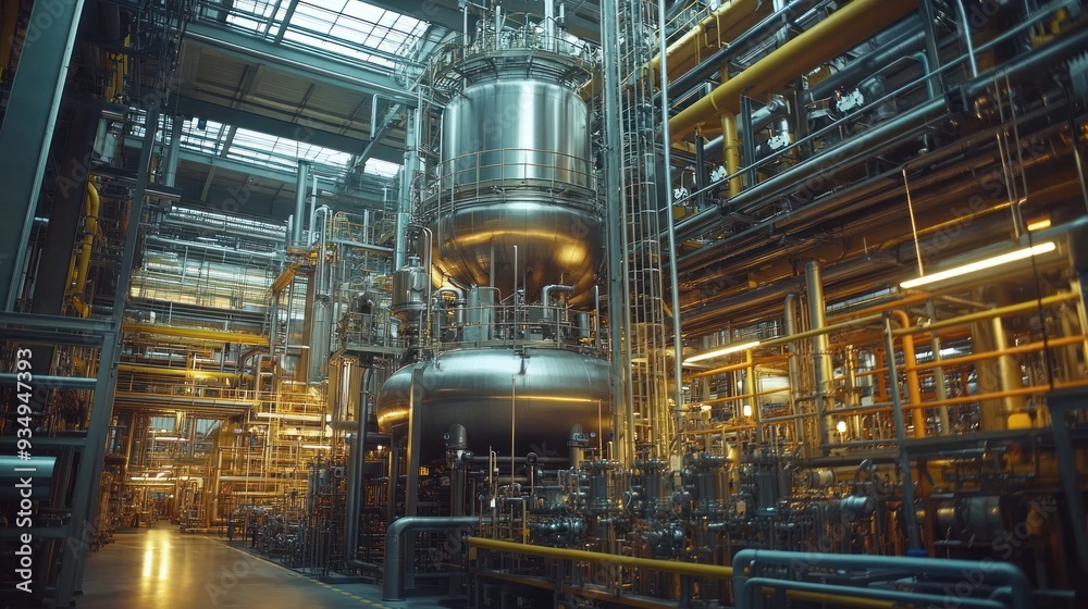 Intricate details of chemical production in a large industrial plant with machinery and reactors operating. Intricate details of chemical production in a large industrial plant with machinery and reactors operating.