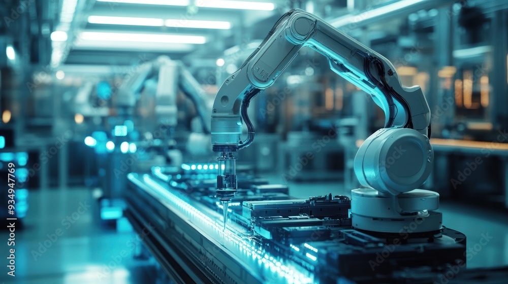 Robotic arms and automated systems working seamlessly in a high-tech factory, representing the future of automated production. Robotic arms and automated systems working seamlessly in a high-tech factory, representing the future of automated production.