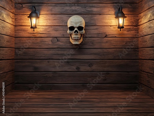 Pirate captain s haunted cabin, glowing artifacts and eerie shadows, 3D illustration photo