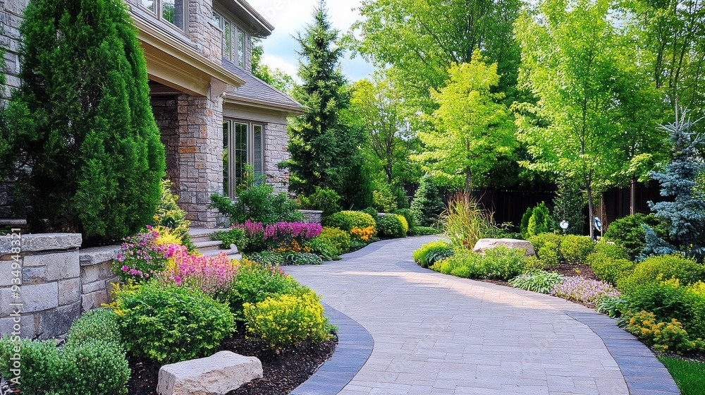 Fototapeta premium Stone House with a Winding Path and Lush Landscaping