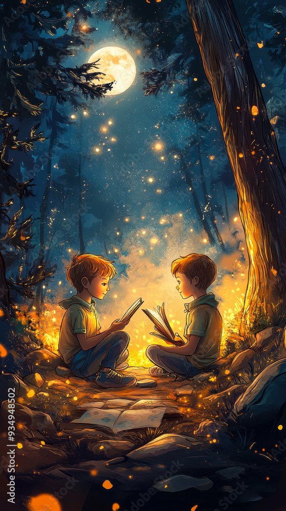 Magical Moonlit Forest Adventure: Two Kids Reading Books Under Full Moon in Enchanting Woodland, Childhood Imagination and Discovery Concept Magical Moonlit Forest Adventure: Two Kids Reading Books Under Full Moon in Enchanting Woodland, Childhood Imagination and Discovery Concept