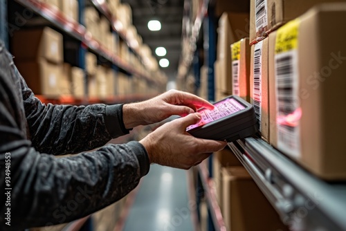 A close-up shot of a worker's hands scanning barcodes on boxes in a warehouse setting. The focus is on the precision and accuracy required in the inventory management process, with a background of