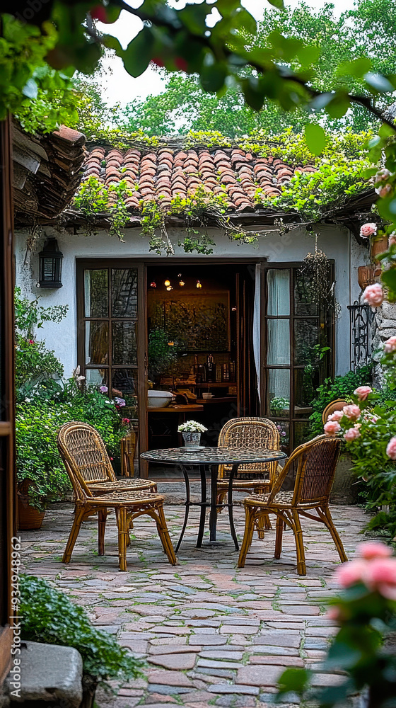 Obraz premium Charming Rustic Patio with Wicker Chairs and Table Surrounded by Lush Greenery and Flowers, Cozy Outdoor Setting for Relaxation in Serene Garden Landscape, Peaceful Courtyard with Vintage Aesthetic