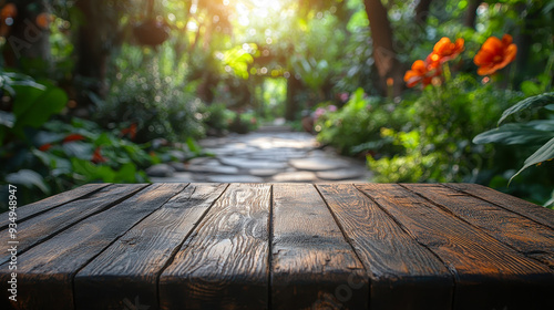 Rustic Wooden Table Top with Blurred Vibrant Garden Path and Flowers in Background for Product Display, Nature Themed Presentation, Outdoor Scene, Natural Setting, Bright Summer or Spring Day