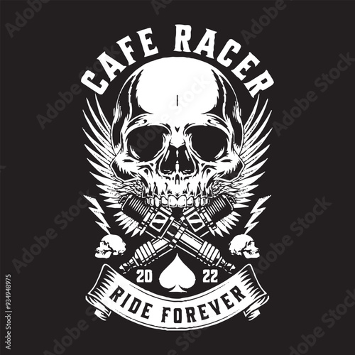 Café Racer Skull Wings Vintage T-Shirt Design